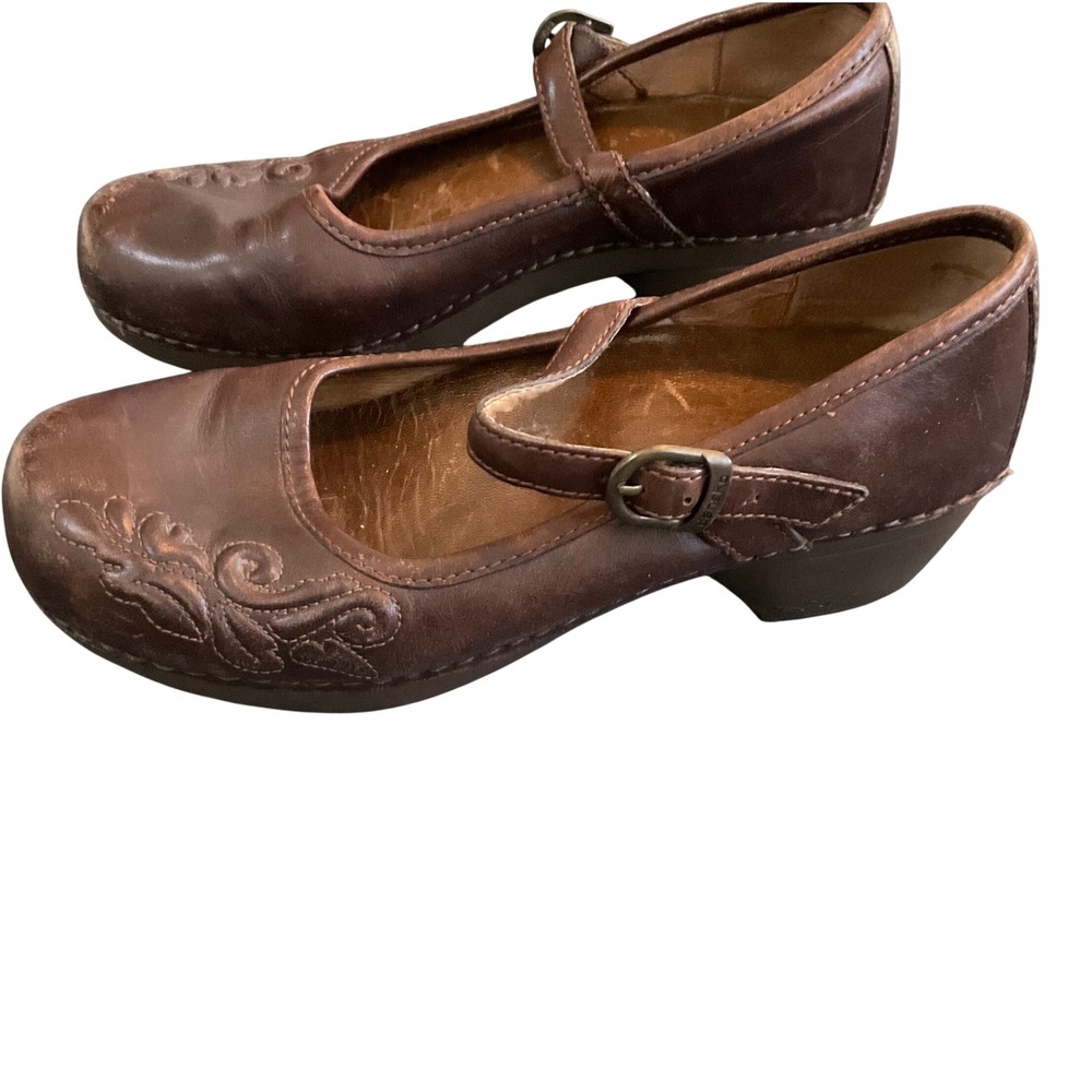Dansko Mary Jane Clogs Women 39 Brown Leather Floral Block Heel 9824457800